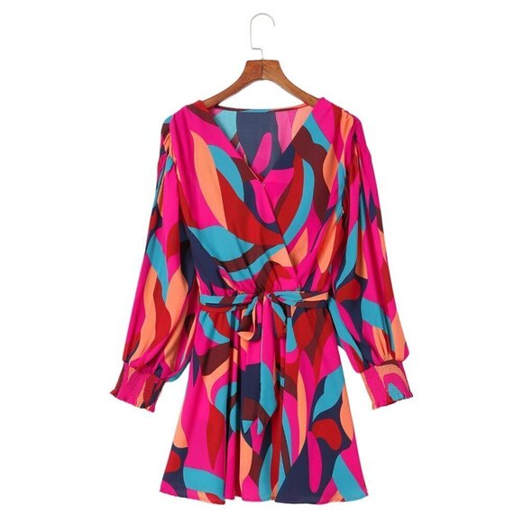 Red and Pink Print Belted Puff Sleeve Mini Dress - Picture 4 of 8